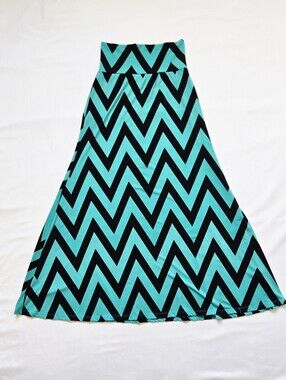 Pamela James Chevron Maxi Skirt Teal Black Fold Over Waist Stretch